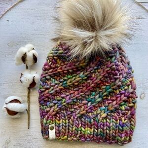 Hand Knit Chunky Beanie-Faux Fur Pom- Malabrigo Rasta Yarn